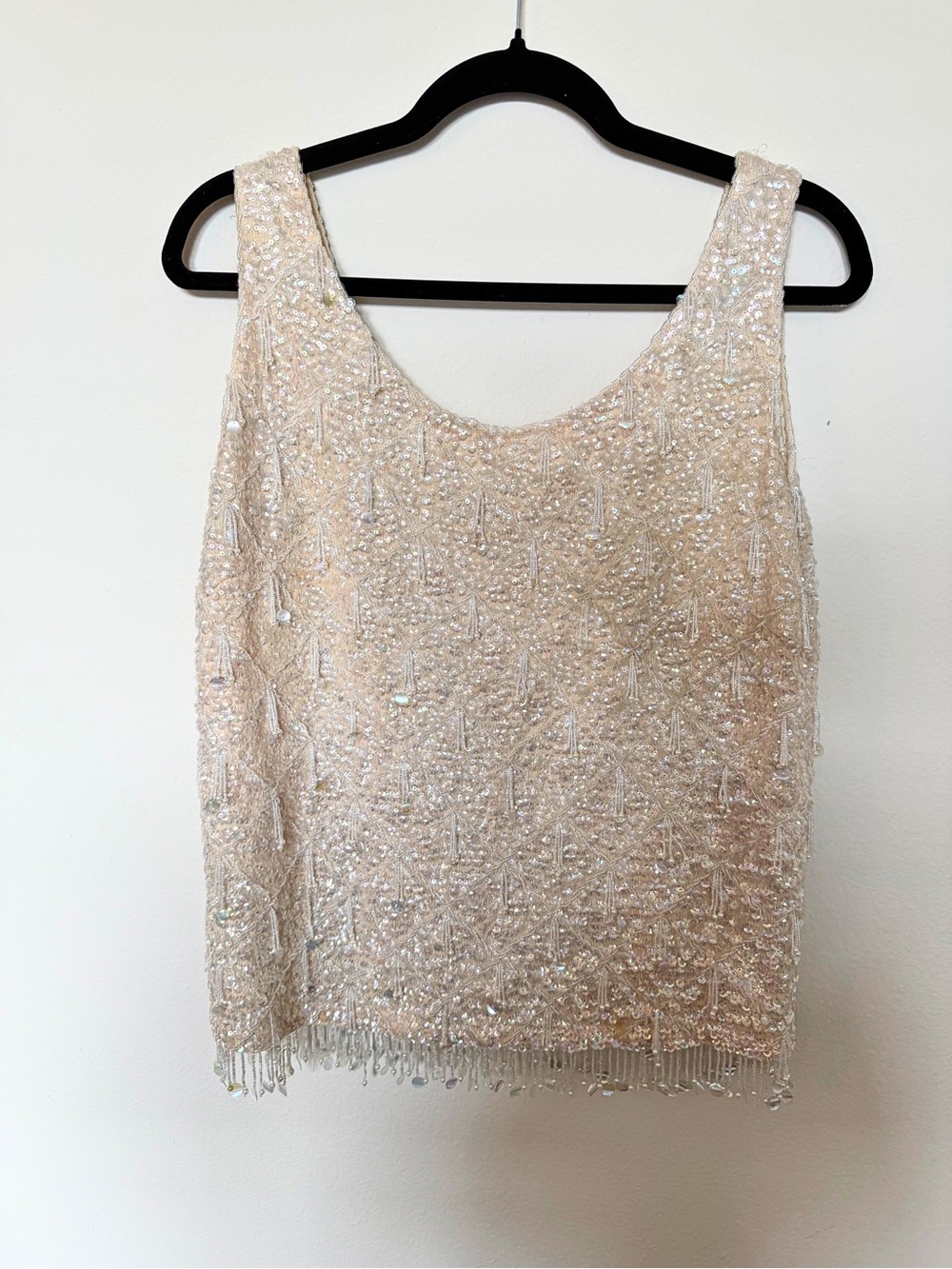 Vintage Cream Hand Beaded Iridescent Sequin Embellished Fringe Tank Top L